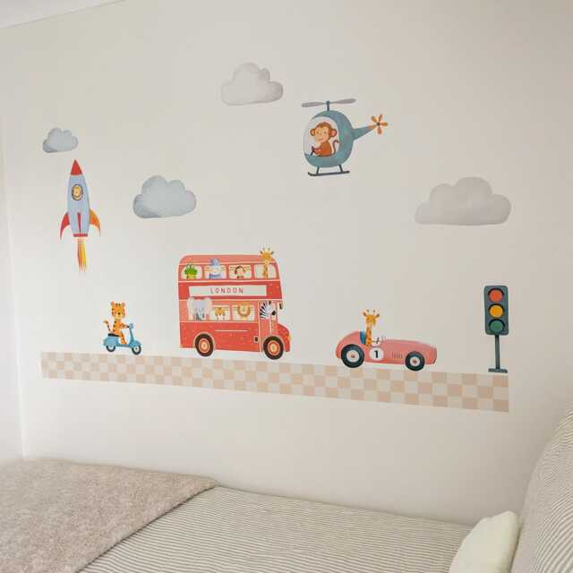 Animal Road Wall Stickers Removable Fabric Bus, Cars, Helicopter Decals Rocket Nursery & Kids Room Art - image 1