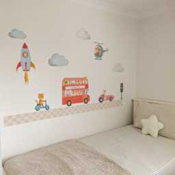 Animal Road Wall Stickers Removable Fabric Bus, Cars, Helicopter Decals Rocket Nursery & Kids Room Art - thumbnail 3