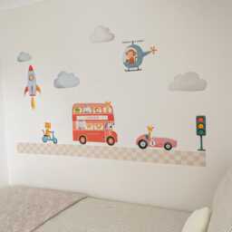 Animal Road Wall Stickers Removable Fabric Bus, Cars, Helicopter Decals Rocket Nursery & Kids Room Art - thumbnail 1