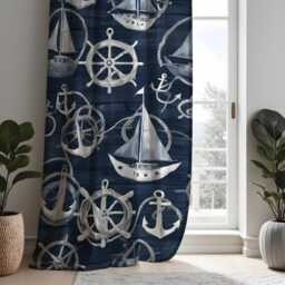 Custom Navy Nautical Curtains, Sailboat & Ship Wheel Pattern Drapes, Made To Measure Window Panels For Beach House Decor - thumbnail 2