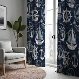 Custom Navy Nautical Curtains, Sailboat & Ship Wheel Pattern Drapes, Made To Measure Window Panels For Beach House Decor - thumbnail 4