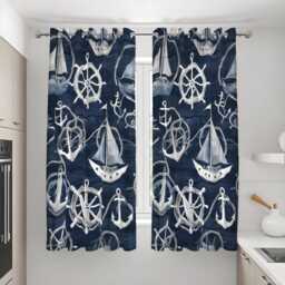 Custom Navy Nautical Curtains, Sailboat & Ship Wheel Pattern Drapes, Made To Measure Window Panels For Beach House Decor - thumbnail 3