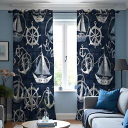 Custom Navy Nautical Curtains, Sailboat & Ship Wheel Pattern Drapes, Made To Measure Window Panels For Beach House Decor