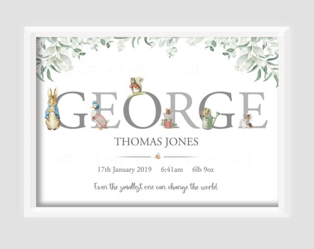 Personalised Peter Rabbit Baby Boy Girl Bunny Print Unframed Birth Gift New Keepsake
