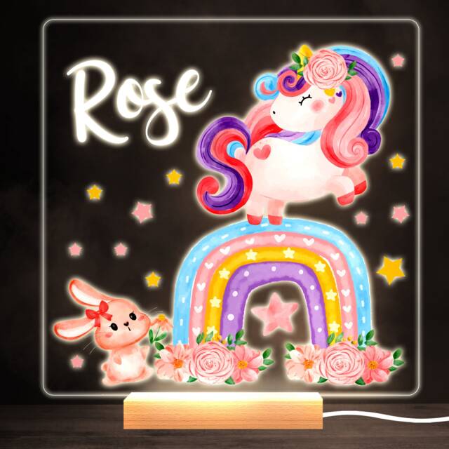 Watercolour Rainbow Unicorn Colourful Square Personalised Gift Lamp Night Light - Bedroom - image 1
