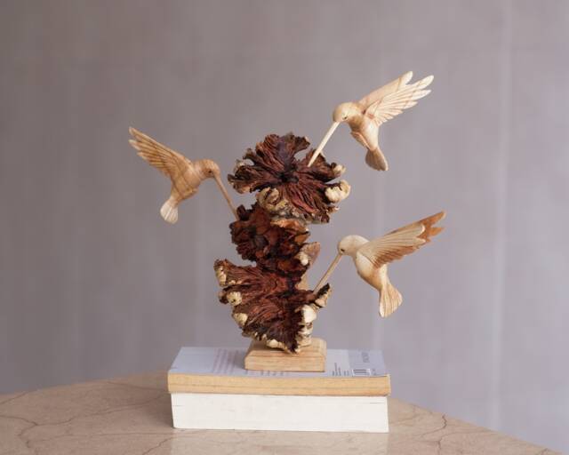 Wooden Hummingbirds Sculpture, Three Bird Statue, Wood Carving, Colibri Ornament, Handmade Decor, Rustic Wife Gift, Gift For Her - image 1