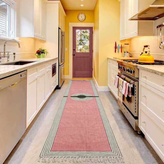 Handmade Cotton Kilim Runner Rug Green, Blue, Pink, 2x10 Ft - image 1