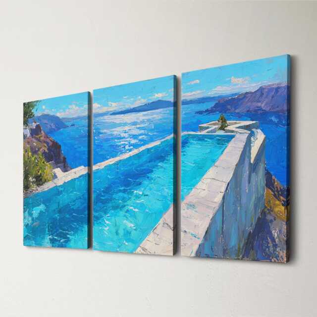 Santorini Greece Villa Pool 3 Panel Split Canvas Wall Art Summers Day Summer Cityscape Oil Painting Framed Home Decor - image 1
