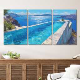 Santorini Greece Villa Pool 3 Panel Split Canvas Wall Art Summers Day Summer Cityscape Oil Painting Framed Home Decor - thumbnail 2