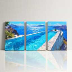 Santorini Greece Villa Pool 3 Panel Split Canvas Wall Art Summers Day Summer Cityscape Oil Painting Framed Home Decor - thumbnail 3