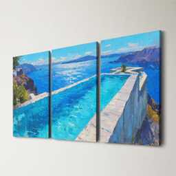 Santorini Greece Villa Pool 3 Panel Split Canvas Wall Art Summers Day Summer Cityscape Oil Painting Framed Home Decor - thumbnail 1