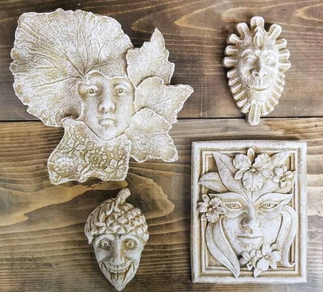 Set Of 4 Green Man Leaf Face Forest Goddess Wall Plaques - image 1