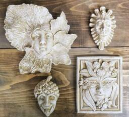 Set Of 4 Green Man Leaf Face Forest Goddess Wall Plaques - thumbnail 1