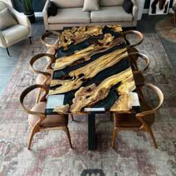 Live Edge Olive Wood Resin Dining Table Custom Epoxy River Table - thumbnail 3