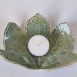 Handmade Ceramic Leaf Tea Light Holder Green Stoneware T-Light Stand - thumbnail 2