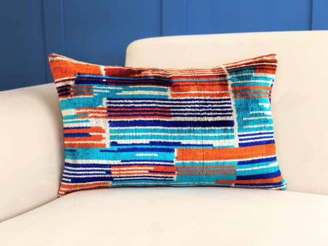 Blue Orange Ikat Lumbar Pillow Silk Velvet Cushion Cover - image 1