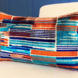 Blue Orange Ikat Lumbar Pillow Silk Velvet Cushion Cover - thumbnail 3