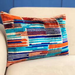 Blue Orange Ikat Lumbar Pillow Silk Velvet Cushion Cover - thumbnail 2