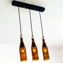 Industrial Light Fixture - Chandelier Ceiling Lamp Made From Amber Brown Bottles For Home, Bar & Kitchen Island - thumbnail 2