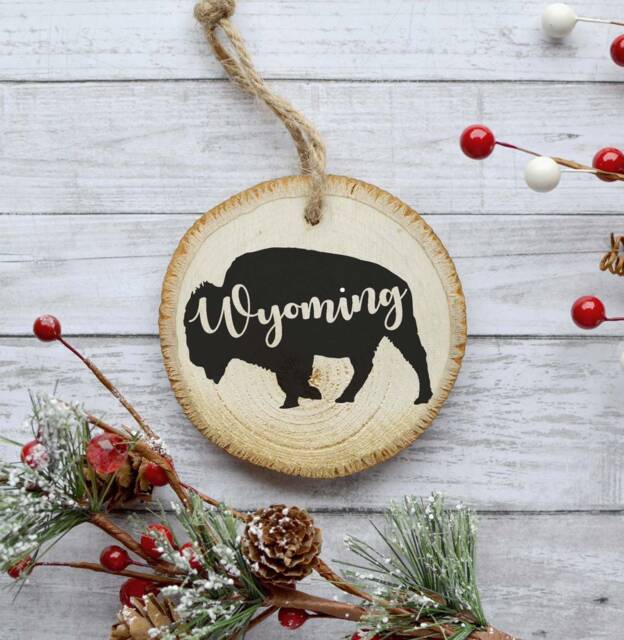 Wyoming Ornament, Christmas Tree Natural Pine Wood Slice, Buffalo Ornament Decoration, Gift Idea - image 1