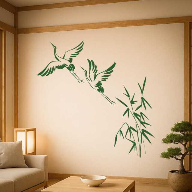 Cranes Birds Vinyl Wall Decal Bamboo Asian Style Home Room Decor Stickers Mural - #2814Di - image 1