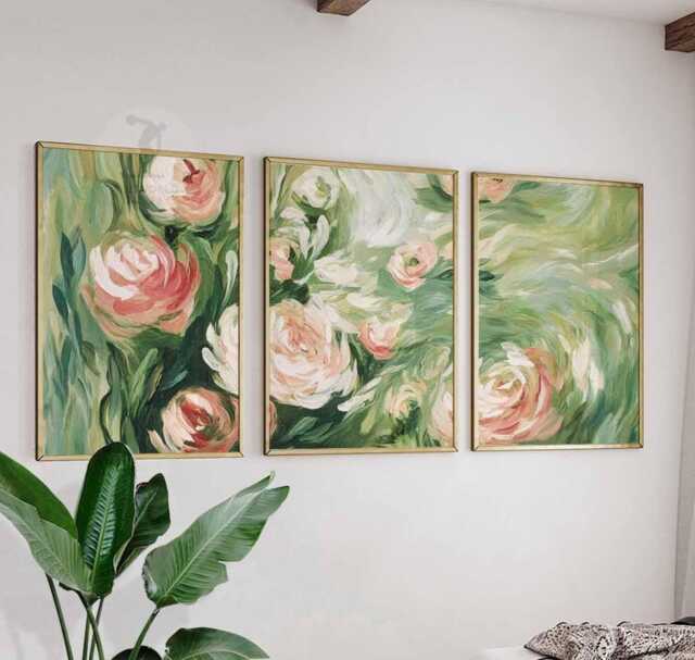 Set Of 3 Rose Posters, Abstract Floral Wall Art Prints, Green & Pink Flower Home Decor - image 1