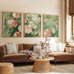 Set Of 3 Rose Posters, Abstract Floral Wall Art Prints, Green & Pink Flower Home Decor - thumbnail 2