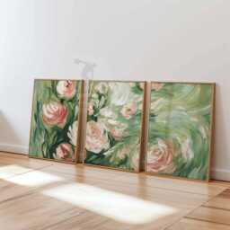 Set Of 3 Rose Posters, Abstract Floral Wall Art Prints, Green & Pink Flower Home Decor - thumbnail 3