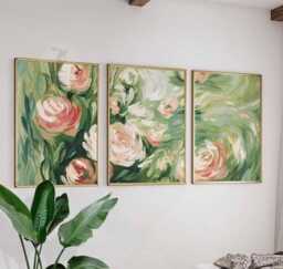 Set Of 3 Rose Posters, Abstract Floral Wall Art Prints, Green & Pink Flower Home Decor - thumbnail 1