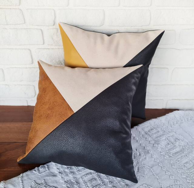 Mid Century Modern Pillow Cover Black & Yellow Faux Leather, 16x16 - image 1