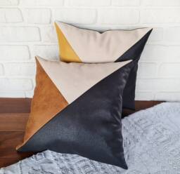 Mid Century Modern Pillow Cover Black & Yellow Faux Leather, 16x16