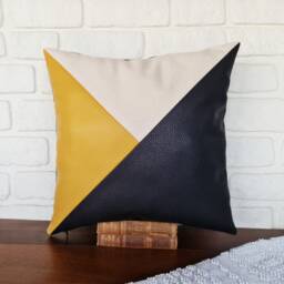 Mid Century Modern Pillow Cover Black & Yellow Faux Leather, 16x16 - thumbnail 3
