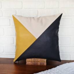 Mid Century Modern Pillow Cover Black & Yellow Faux Leather, 16x16 - thumbnail 2