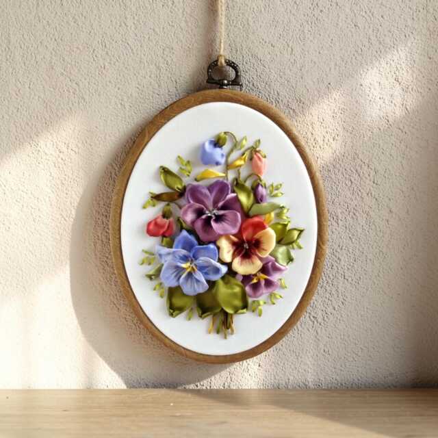 Pansies Wall Decor - Ribbon Embroidery Hoop Art - image 1