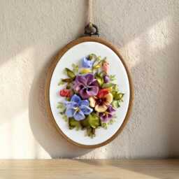Pansies Wall Decor - Ribbon Embroidery Hoop Art - thumbnail 1