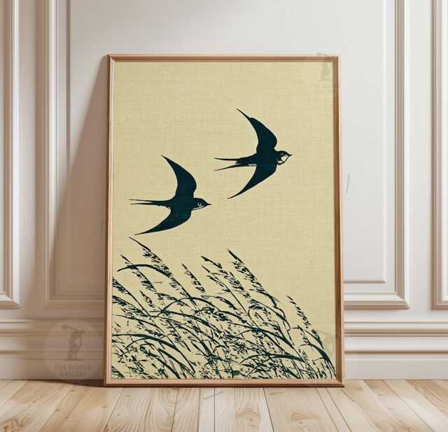 Green Japanese Swallow Poster - Minimalist Bird Illustration Botanical Nature Art - image 1