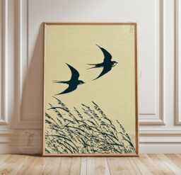 Green Japanese Swallow Poster - Minimalist Bird Illustration Botanical Nature Art - thumbnail 1