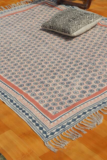 Handmade Block Printed Cotton Rug, Boho Geometric Dhurrie - image 1