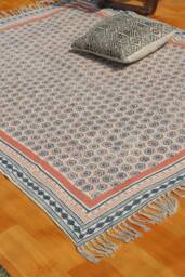 Handmade Block Printed Cotton Rug, Boho Geometric Dhurrie - thumbnail 1
