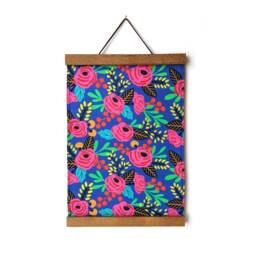 Floral Fabric Wall Hanging Blue & Pink Tapestry With Magnetic Wood Hangers - thumbnail 2