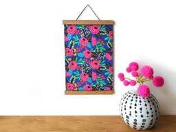 Floral Fabric Wall Hanging Blue & Pink Tapestry With Magnetic Wood Hangers
