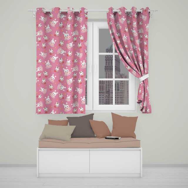 Cute Strawberry Bunny Cake Dessert Pink Background Seamless Pattern Readymade Eyelet Ring Top Thermal 100% Blackout Curtains - image 1