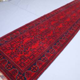 Red 13 Ft Runner Rug, Afghan Hand Knotted Veg Dyes Soft Wool Khal Mohammadi Bukhara Tribal Rug, Oriental Turkmen Long Hallway Runner - thumbnail 3