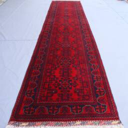 Red 13 Ft Runner Rug, Afghan Hand Knotted Veg Dyes Soft Wool Khal Mohammadi Bukhara Tribal Rug, Oriental Turkmen Long Hallway Runner - thumbnail 2