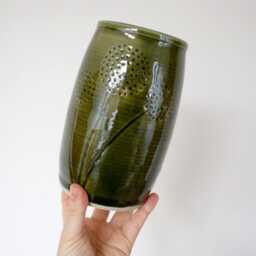 Sale - Ceramic Pottery Vase in Glossy Green With Dandelion Design - thumbnail 2