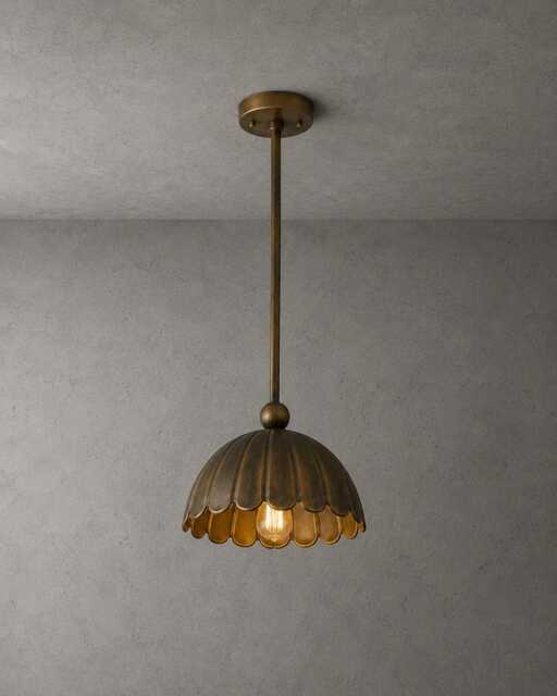 Antique Brass Scalloped Pendant Light - Vintage Farmhouse Hanging Lamp - image 1