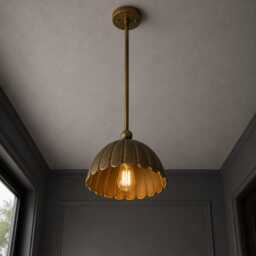 Antique Brass Scalloped Pendant Light - Vintage Farmhouse Hanging Lamp - thumbnail 3