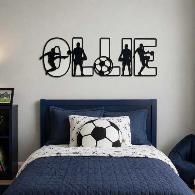 Wooden Football Name Sign - Plaque Personalised Custom Decor Theme Soccer Wall Art - image 1