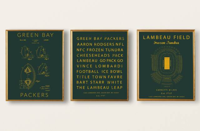 Green Bay Packers Set Of 3 Prints, Football Patent Art, Subway Art, Lambeau Field Seating Chart, Vintage Decor - image 1