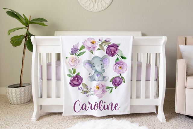 Purple Floral Elephant Safari Blanket Personalized Baby Gift Toddler Nursery Decor Birthday Theme - image 1
